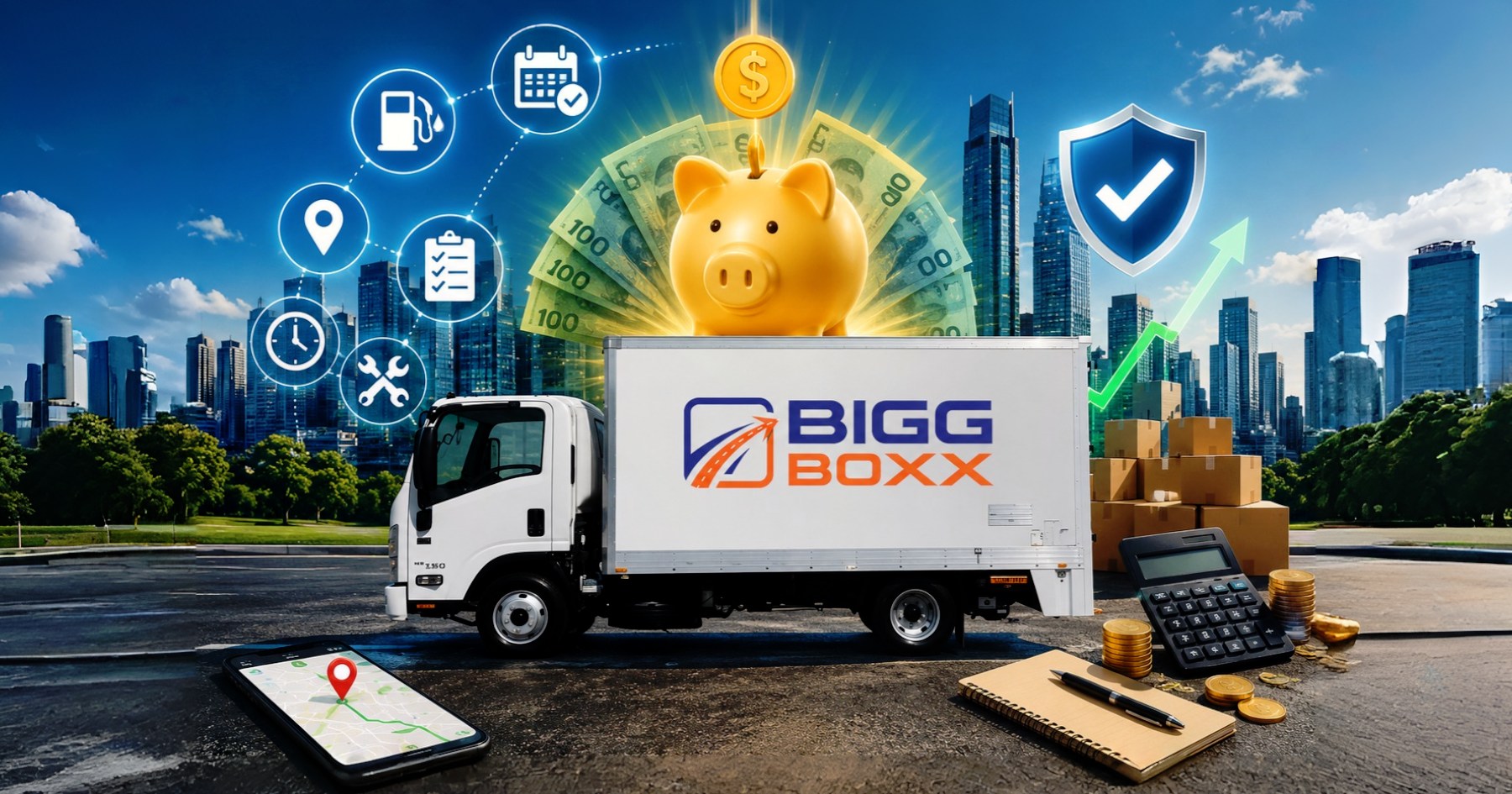 First-time truck renter saving money with Bigg Boxx truck hire, pricing tools, insurance icons, and Melbourne skyline. | 12 Powerful Money-Saving Hacks Every First-Time Truck Renter Should Know | Bigg Boxx Rentals