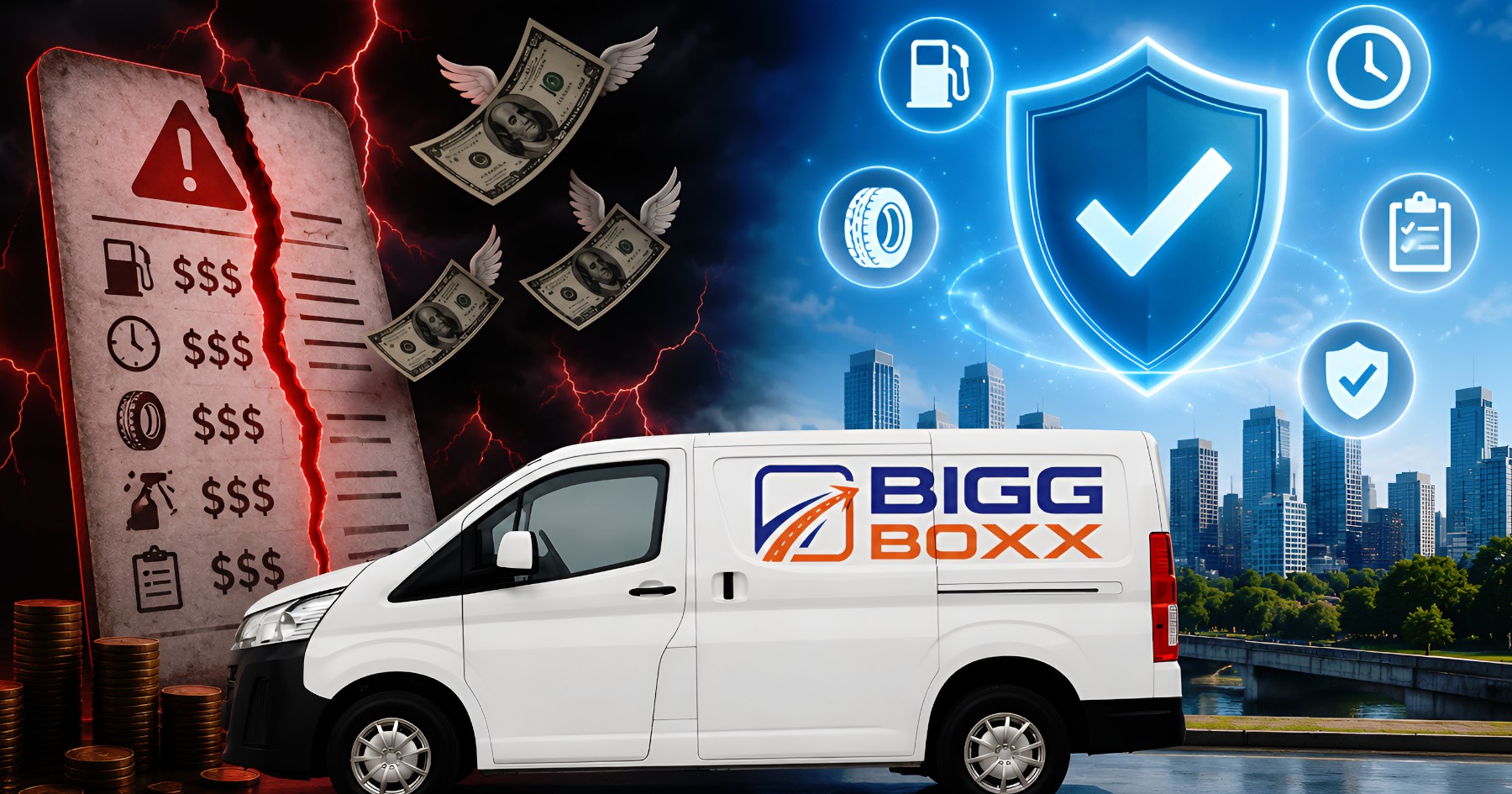 cheap van rentals hidden fee concept image with Bigg Boxx van, warning invoice, flying cash, and protection icons background | 5 Shocking Hidden Fees in Cheap Van Rentals — And How Bigg Boxx Beats Them | Bigg Boxx Rentals